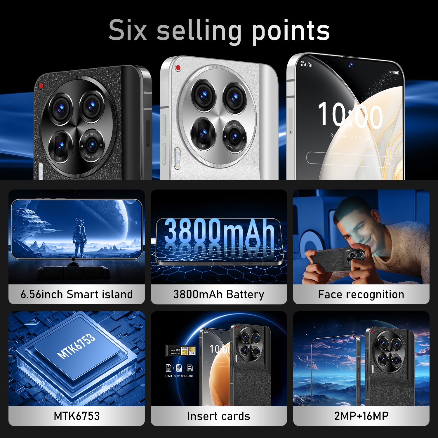 Hot selling 4G smartphone telephone 6.56 inch android 8.1 phones unlocked 3GB+64GB cellphone 2+16MP 3800mAh mobile phones